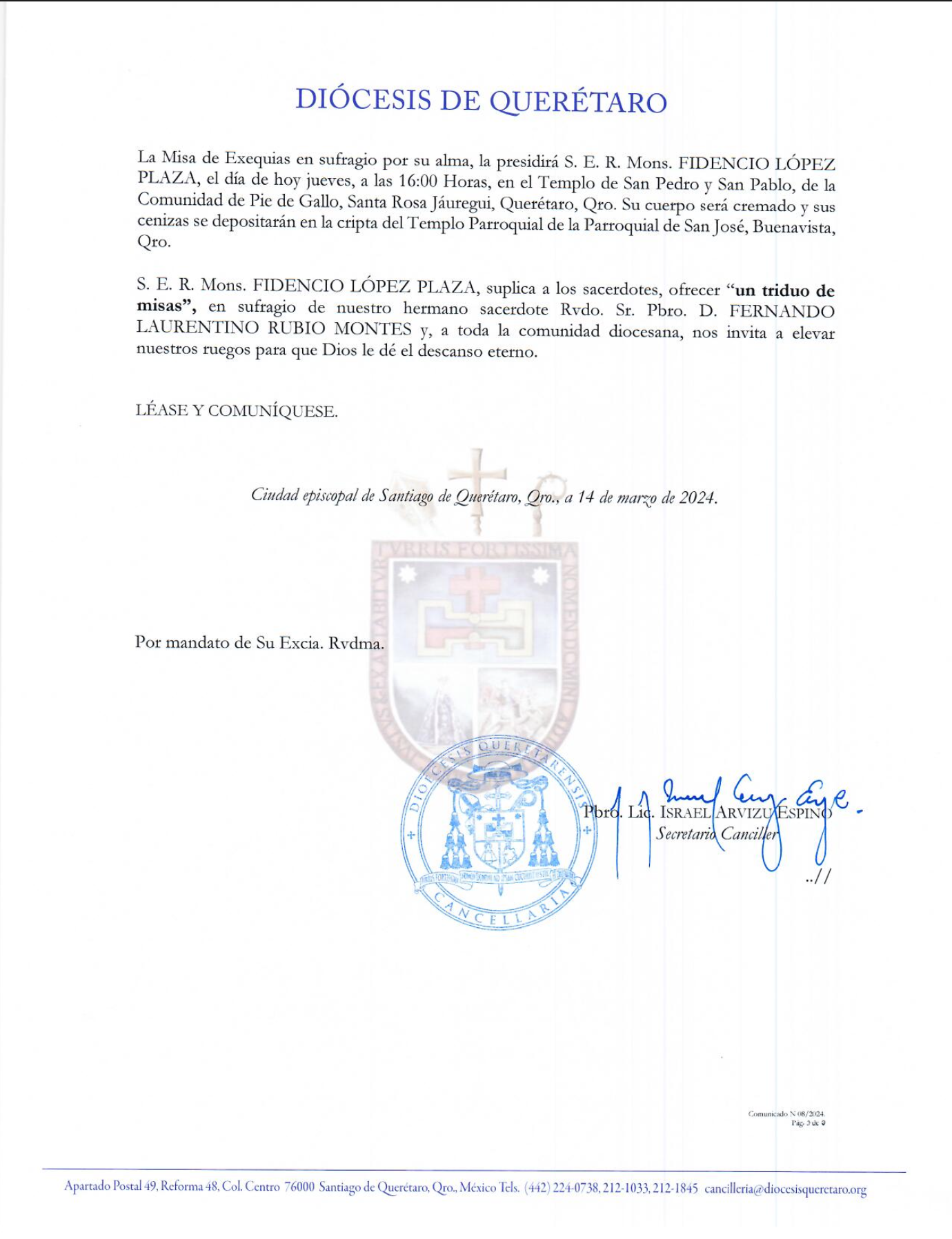 COMUNICADO N. 08/2024. Asunto: Sobre el sensible fallecimiento del Rvdo. Sr. Pbro. D. FERNANDO LAURENTINO RUBIO MONTES. 3